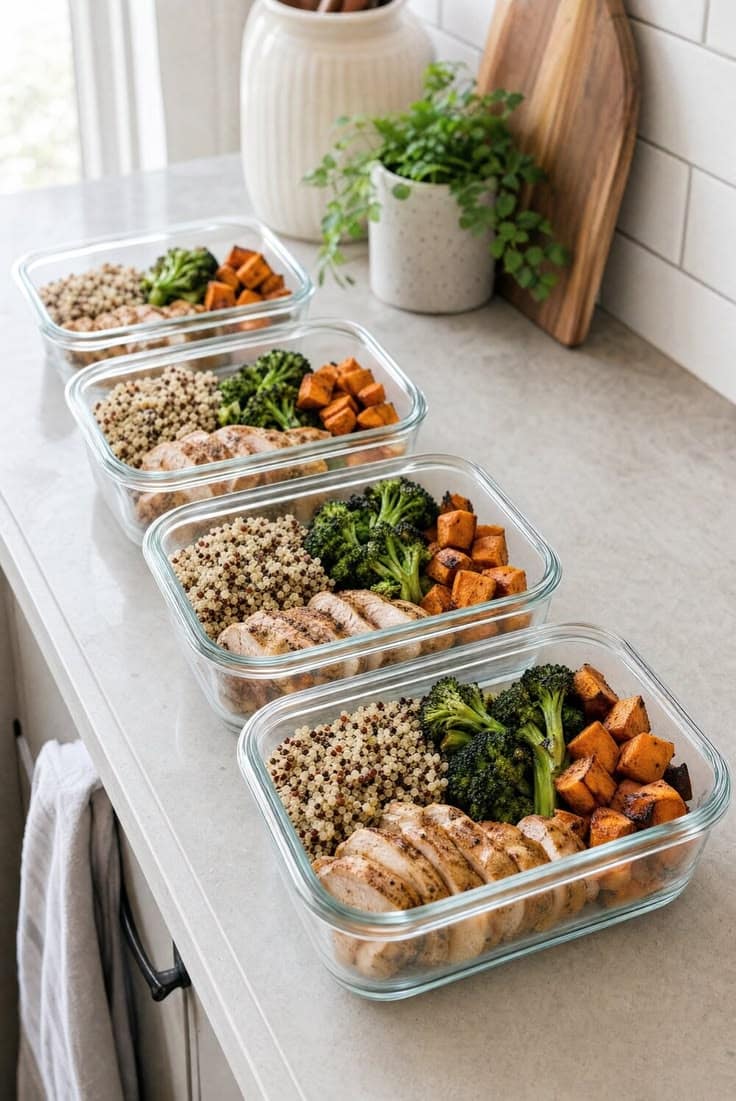 Contenedores de meal prep con pollo a la parrilla, arroz y vegetales junto a un diario de fitness escrito a mano y mancuernas