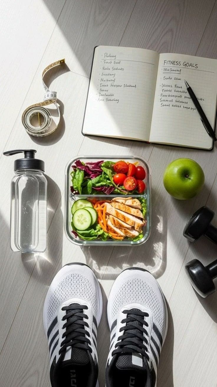 Meal prep containers with grilled chicken, rice, and vegetables next to a handwritten fitness journal and dumbbells