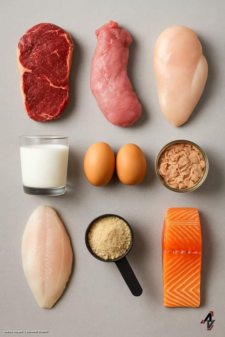 Overhead flat lay of steak, salmon, eggs, beans, and fresh vegetables, common high-protein whole foods