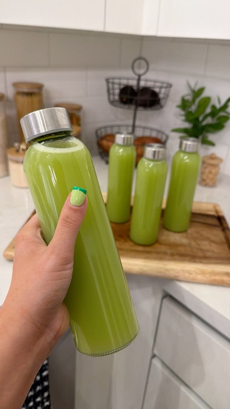Jugo verde natural en un vaso, con vegetales y frutas enteras al fondo