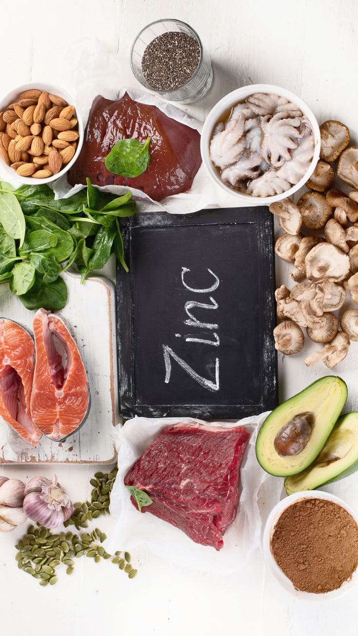 Zinc-rich foods including seeds and nuts arranged on a table