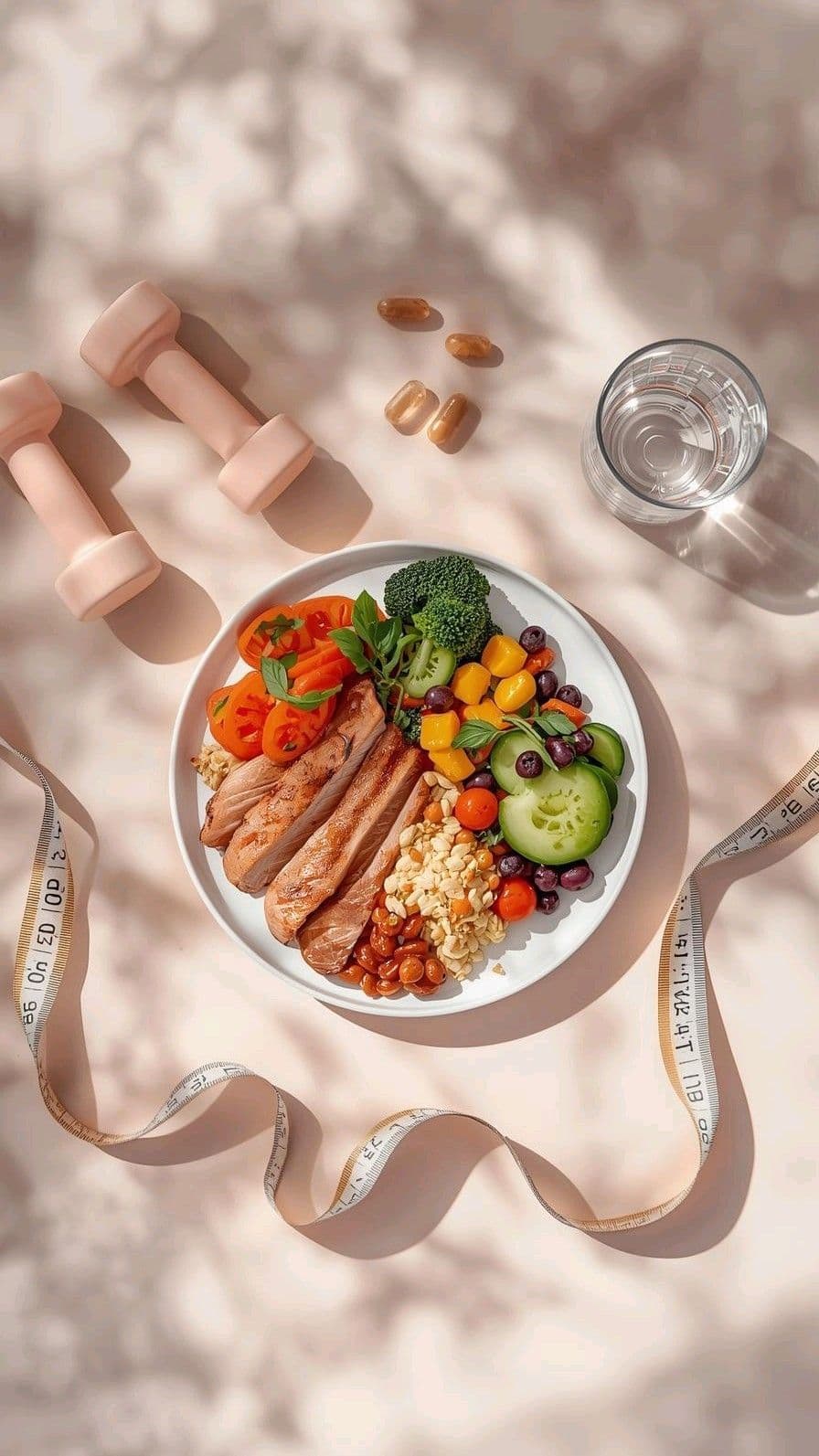 A measured plate of grilled chicken and vegetables next to a tape measure and light dumbbells