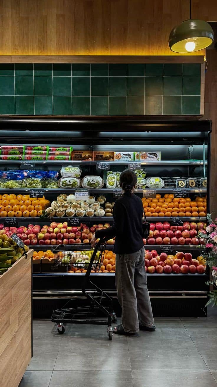 Fresh iron-rich foods at a market including red meat and dark leafy greens